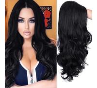 Generic Parrucca per Capelli Lunghi Ricci, Onda Larga, Sintetica, Realistica, per Donna, 26 Pollici, Nera, Regolabile per L'uso Quotidiano