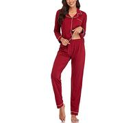 Generic Pigiama da donna da donna, in puro colore, da notte, in cotone, a maniche lunghe, con bottoni, set slim homewear Top Pant Set camicia da notte da donna, a maniche corte, 52, Colore: rosso, S