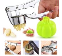 Generic Sbuccia aglio in silicone e spremiaglio in acciaio inox, strumento 4 in 1: spremere, sbucciare, tritare, tritare, argento metallizzato, 15 cm, 0,3 kg, confezione da 2