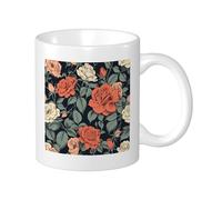 Generic Set di 1 tazza stampata rosa retrò foglie botaniche bel cottage fiore rosso verde ceramica riutilizzabile biblioteca soggiorno cucina dormitorio bevande calde fondo piatto 325 ml