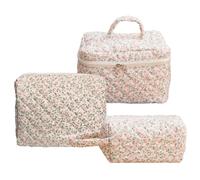Generic Set di 3 borse da trucco in cotone con motivo floreale, grande organizer per cosmetici con cerniera per donne e ragazze, rosa., 17.5x11.5x4.5cm/6.89 x 4.53 x 1.77in, Fashion