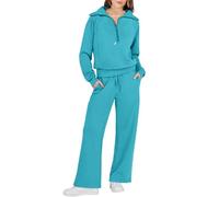 Generic Set tuta da ginnastica da donna elegante | Tuta da donna in cotone per il tempo libero, lunga | Tuta casual da jogging senza cappuccio, tuta sportiva 2 pezzi, set accogliente, pantaloni con