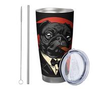 Generic Simpatico cane con coperchio e cannuccia, divertente carlino, motivo astratto, animali carini, rosso e nero, isolato caldo e freddo, infrangibile, per esterni, pic-nic, sala
