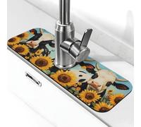 Generic Tappetino per rubinetto con stampa di mucca girasole, paraspruzzi dietro il rubinetto, antigoccia per cucina e bagno, 15 x 38 cm