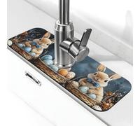 Generic Tappetino per rubinetto da cucina con simpatico coniglietto pasquale, paraspruzzi dietro il rubinetto, antigoccia per cucina e bagno, 15 x 38 cm