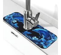 Generic Tappetino per rubinetto da cucina con stampa delfino blu, paraspruzzi dietro il rubinetto, antigoccia, per cucina e bagno, 15 x 38 cm
