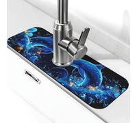 Generic Tappetino per rubinetto da cucina con stampa delfino blu, paraspruzzi dietro il rubinetto, antigoccia, per cucina e bagno, 15 x 38 cm