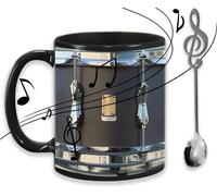 Generic Tazza da caffè in ceramica nera vintage, 325 ml, divertente regalo per batteristi, creatività 2025, cucchiai per note musicali, ideale per batteristi, musicisti, uso domestico