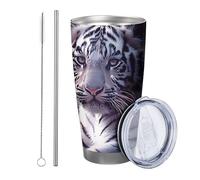 Generic Tigre con coperchio e paglia tazza animali albero fiore botanico natura belle foglie paesaggio rosa bianco isotermico caldo e freddo senza fuoriuscite cortile esterno picnic palestra caffè