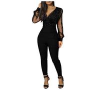 Generic Tuta da donna elegante, in rete con brillantini, scollo a V, a maniche lunghe, a vita alta, per feste, da lavoro, da cocktail, da lavoro, Nero , S
