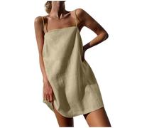 Generic - Vestito estivo da donna in cotone e lino, con spalline sottili, scollo quadrato, stile camicia, per donne di taglia piccola, per le vacanze al mare, mini, corto, casual. I Miei Ordini Saldi