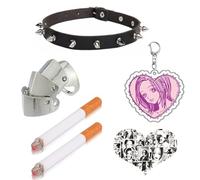 Generic XHBTS - Set di 15 anelli per nocche, girocollo Nana PU, portachiavi, sigarette finte e adesivi, accessori per gioielli e scena, argento e metallo prezioso