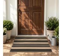 Generic Zerbino per porta d'ingresso a righe nere e marroni, 24"x35", in | Zerbino d'ingresso a righe in cotone intrecciato, nero e marrone chiaro; lavabile, reversibile e ideale da sovrapporre a