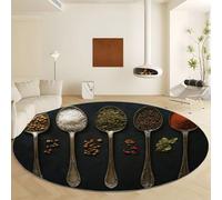 Generico 100 cm Tappeto Rotondo Salotto, Cucchiaio D'Argento Antico Con Spezie E Sale Morbido Tappeto Moderno Di Lusso Antiscivolo Per Bambini Cameretta Cucina Casa O Balcone, Nero
