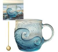 Generico 12 oz Handblown Ocean Wave Glass Mug Cup, Unique Textured Beach Theme Mugs for Tea Wine Coffee, Seas Inspired Drinkware for Ocean Lovers,Holiday Gifts