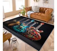 Generico 120x180 cm Tappeto per Soggiorno Modello Musicale Per Chitarra Pelo Corto Antiscivolo Lavabile Stampato Tappeto Nero per Camera da letto, Sala da pranzo Camera dei Bambini