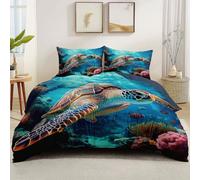 Generico 140 x 200 cm Set copripiumino 3 pezzi con 2 federa per cuscino, Fondale Marino Tartaruga Barriera Corallina Motivo A Cerniera Lunga Durata- BluTessuto Morbido al Tatto Microfibra Anallergico