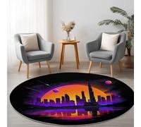 Generico 150 cm Tappeto Rotondo Lavabile in Lavatrice Nero, Futurismo Paesaggio Urbano, Antiscivolo e Antipelucchi, Tappeto Rotonda per Interni Soggiorno Camera da Letto