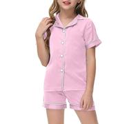 Generico 2 Pezzi Bambino Ragazze Pigiama Morbidi e Comodi Pigiami Set di Biancheria da Notte per Corto Ragazza Camicia abbottonata Abbigliamento casa Bambina 7 a 8 Anni