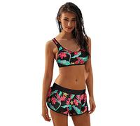 Generico 2 Pezzi Costumi da Bagno Sportivo Halter Collo a V Push Up Hawaii Costumi Mare Sexy Brasiliana Curvy Tankini Pezzi di sopra con Pantaloncino Shorts Vita Alta Set di Bikini