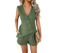 Generico 2 Piece Outfits Women, Summer Sleeveless Button-Down V-Neck Blazer Vest & Solid Shorts Set, Women Casual Matching Sets, Lightweight and Breathable