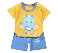 Generico 2 Pz Completino Bambino Set,Completo Estivo Completivi da Estivi Set di Magliette Camicia Quadri Manica Corta Short Elastici Vita Alta per Neonato Ragazzi 1-4 anni