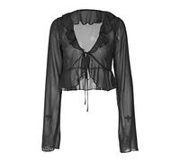 Generico 20 Summer Wood Ear Edge Lace Up Profondo Scollo a V Manica Lunga Trasparente Top Camicia da Donna 3 (Black, M)