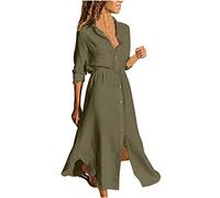 Generico 2024 Abito da Donna Cotone Lino Vestito Donna Estivo Abito Lungo da Spiaggia Taglie Forti Casual Boho Scollo a V Abiti Maniche Lunghe Tinta Unita Allentato Traspirante Comodo Maxi Dress