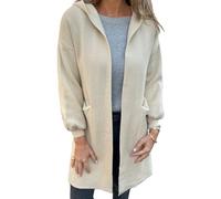 Generico 2025 Autumn and Winter Women's Solid Color Casual Woolen Mid Length Cardigan Jacket Pocket Hooded Jacket Coat (Beige,3XL)