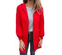 Generico 2025 Autumn and Winter Women's Solid Color Casual Woolen Mid Length Cardigan Jacket Pocket Hooded Jacket Coat (Red,3XL)