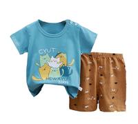 Generico 2025 Bambini Estate Homewear Tuta da Jogging per Biancheria Notte Estiva Cartoni Animati Maglietta Maglia con Stampa in 2 Colori Loungewear Estivo Ragazzi 3-14 Anni