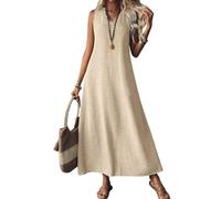 Generico 2025 Linen Dress Women Sleeveless V Neck Boho Maxi Dress Casual Long Flowy Modest Beach Vacation Sun Dresses (6,S)