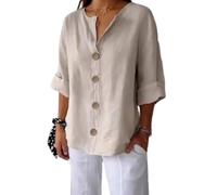 Generico 2025 Linen Tops for Women Summer V Neck 3/4 Length Sleeve Womens Tops with Button Roll-Up Sleeve Casual Loose Fit Blouses (Beige, M)