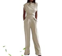 Generico 2025 New Outfit Summer Sets for Women Solid Color Casual Fashion Suit Casual Formal Outfits Tank top Wide Leg Pants (Beige,XL)