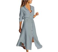 Generico 2025 Vestito Estivo Donna Lungo Maniche Lunghe Casual Abito Camicia Lino Maxi Elegante Vestiti Estivi Cotone Vestito Linea A Abiti da Spiaggia Mare Boho con Tasche