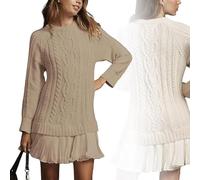 Generico 2025 Women's Cable Knit Sweater Dress Crewneck Patchwork Pleated Dresses Style Long Sleeve Mini Dress (Khaki,3XL)