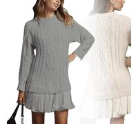 Generico 2025 Women's Cable Knit Sweater Dress Crewneck Patchwork Pleated Dresses Style Long Sleeve Mini Dress (Gray,3XL)