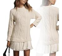 Generico 2025 Women's Cable Knit Sweater Dress Crewneck Patchwork Pleated Dresses Style Long Sleeve Mini Dress (off-White,XL)