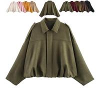 Generico 2025 Womens Faux Suede Bomber Jacket Lapel Collar Zip Front Coat Long Sleeves Trendy Y2K Streetwear Outerwear (Green,L)