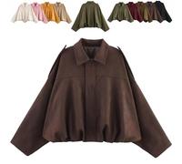 Generico 2025 Womens Faux Suede Bomber Jacket Lapel Collar Zip Front Coat Long Sleeves Trendy Y2K Streetwear Outerwear (Coffee,L)
