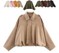 Generico 2025 Womens Faux Suede Bomber Jacket Lapel Collar Zip Front Coat Long Sleeves Trendy Y2K Streetwear Outerwear (Khaki,S)