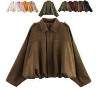 Generico 2025 Womens Faux Suede Bomber Jacket Lapel Collar Zip Front Coat Long Sleeves Trendy Y2K Streetwear Outerwear (Brown,M)