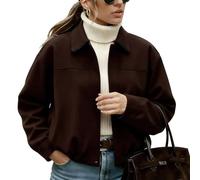 Generico 2025 Women's Faux Suede Jacket, Spring Lapel Coat Casual Oversized Long Sleeves Streetwear Outerwear for Women Junior Outfit (Coffee)