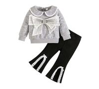 Generico 2026 Autunnale Due Pezzi per Bambine con Maglia a Maniche Lunghe Fiocco e Pantaloni Svasati Eleganti per Piccole Principesse
