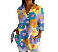 Generico 2026 Camicia Casual con Risvolto Lunga Stampata alla da Donna (Light Yellow, XL)