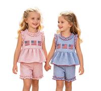 Generico 2026 Completo estivo per bambine con canottiera a quadri volant e pantaloncini ideale per occasioni quotidiane e festive come il Giorno ’Indipendenza (3-4 Years)