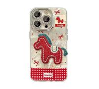 Generico 2026 Embroidered Pony Lanyard New Year Phone Case for iPhone 17/16/15/14/13/12 Plus Pro Max Series, Year of The Horse Cute Horse Red Phone Case with Lanyard, Anti-Drop (14 PRO MAX,Silver)