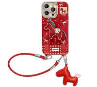Generico 2026 Embroidered Pony Lanyard New Year Phone Case for iPhone 17/16/15/14/13/12 Plus Pro Max Series, Year of The Horse Cute Horse Red Phone Case with Lanyard, Anti-Drop (14 PRO,Red + Lanyard)