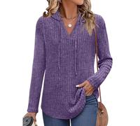 Generico 2026 Long Sleeve Shirts for Women Ribbed Knit Oversized Sweaters V Neck Tunic Tops Fall Sweatshirts Lightweight Hoodies (Purple,XXL)