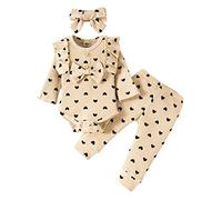Generico 2026 Neonate Infantili Set a Due Pezzi con Stampa a Cuore Pagliaccetto con Fiocco a Coste Top + Pantaloni Abiti per Fascia Abiti Set 3 Pezzi